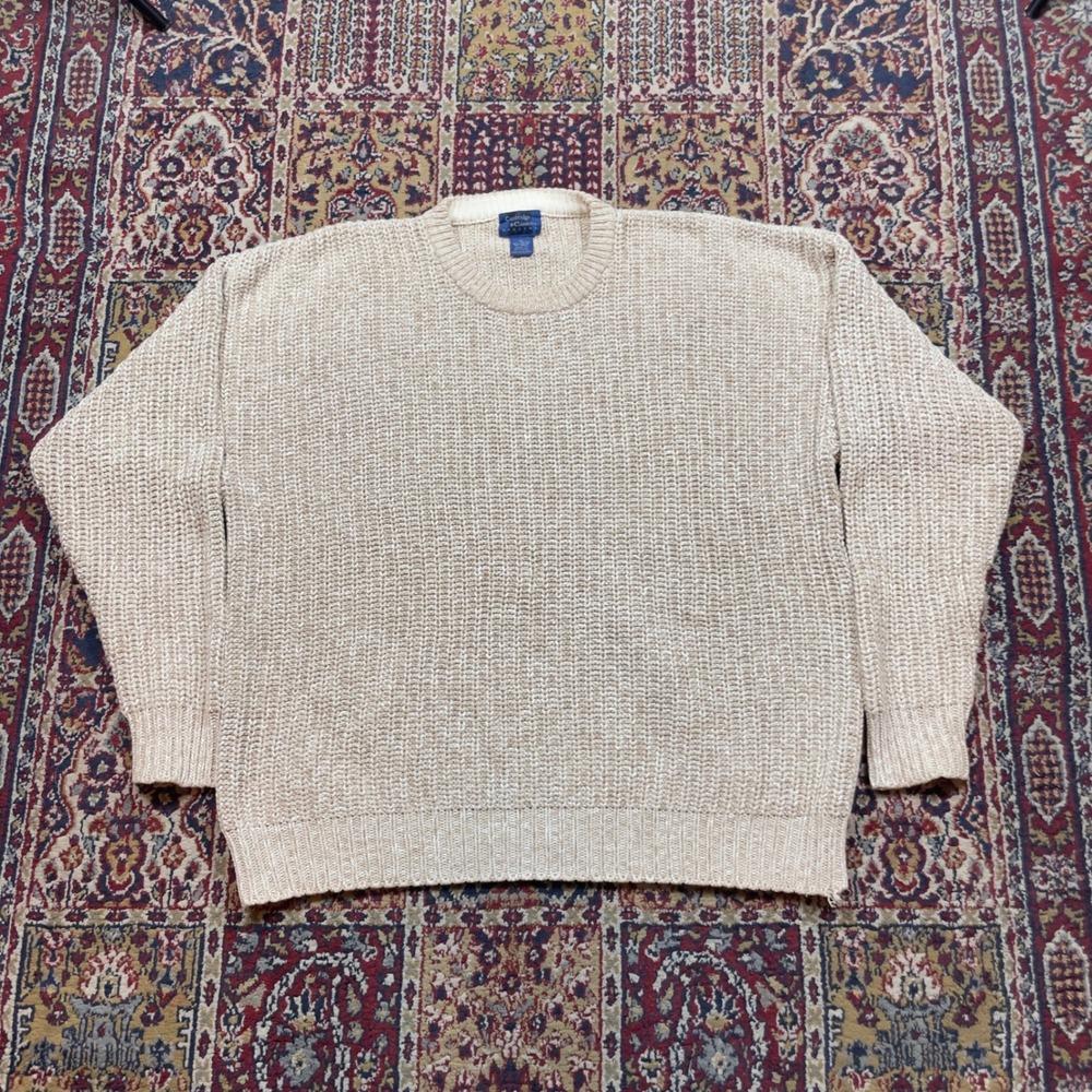 VTG 90s Cambridge Classics Tan Brown Overdyed Knit Fisherman Sweater‎ XL Cotton
